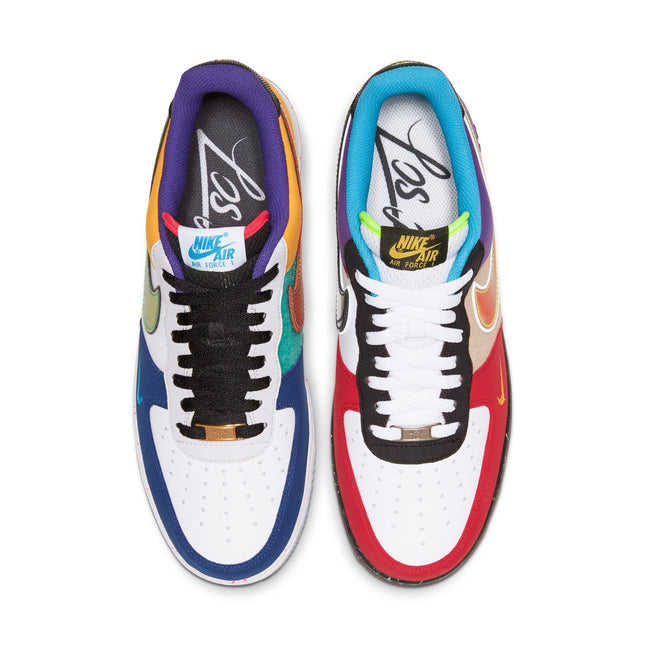 Pair of multicolored Nike Air Force 1 Low What The LA sneakers viewed from above, featuring mismatched leather panels.