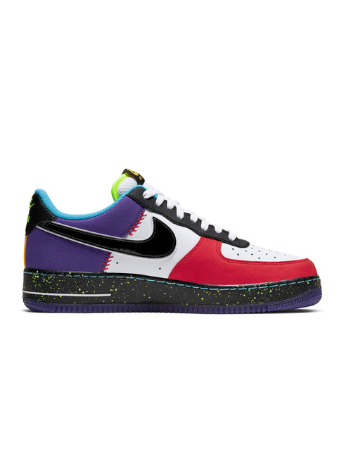 Nike Air Force 1 Low What The LA sneaker featuring a vibrant, multi-colored suede and leather color-blocked design.