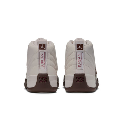 Rear view of the Air Jordan 12 Retro in Light Orewood Brown and Cacao Wow featuring pebbled leather and heel branding.