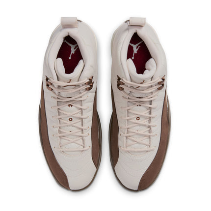 Air Jordan 12 Retro in light orewood brown and cacao wow, featuring premium leather upper and metallic bronze accents.