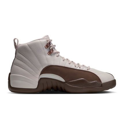 Air Jordan 12 Retro in Light Orewood Brown and Cacao Wow featuring premium tumbled leather and a textured brown mudguard.