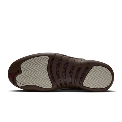 Bottom view of the Air Jordan 12 Retro in light orewood brown and cacao wow, featuring a rubber herringbone traction sole.