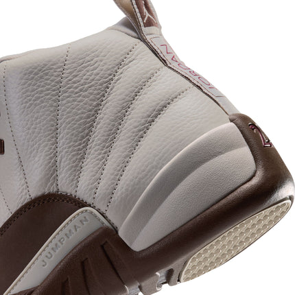 Close-up of the Air Jordan 12 Retro featuring premium light orewood brown tumbled leather with cacao brown accents.