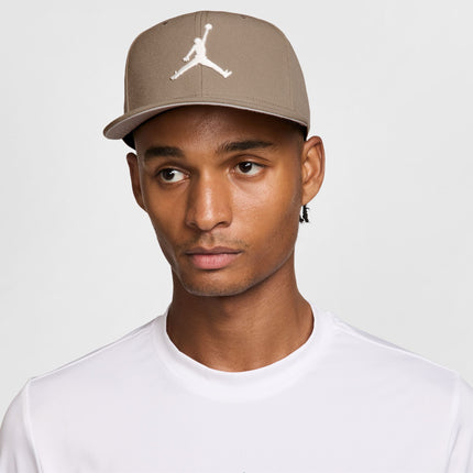 Taupe Jordan brand cap with an embroidered white Jumpman logo worn by a man against a plain grey background.