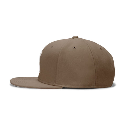 Side profile of a brown cotton baseball cap featuring a structured crown, flat visor, and small white embroidered logo.