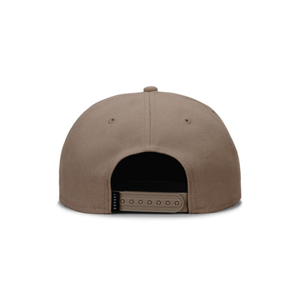 Taupe Jordan snapback hat, rear view showing a durable twill texture and an adjustable plastic closure strap.