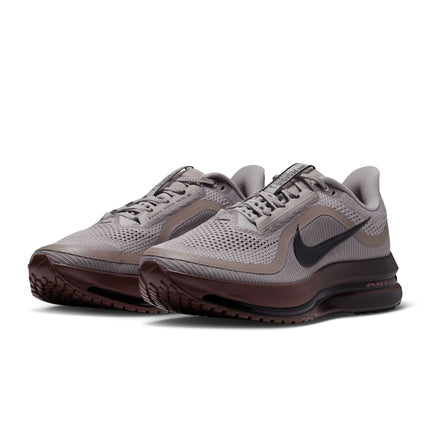 Nike Pegasus Premium running shoes in college grey mesh with black swoosh branding and a dark redwood foam midsole.