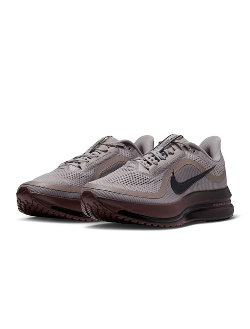 Nike Pegasus Premium running shoes in college grey mesh with black swoosh branding and a dark redwood foam midsole.