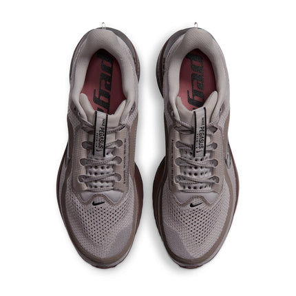 Top view of Nike Pegasus Premium sneakers in college grey mesh, black details, and light redwood accents on white.
