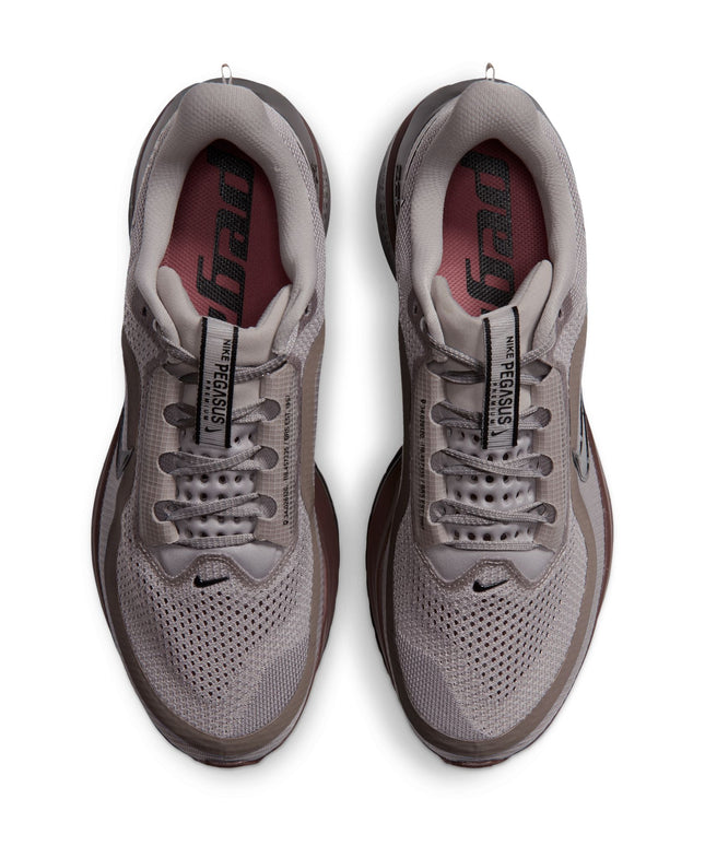Top view of Nike Pegasus Premium sneakers in college grey mesh, black details, and light redwood accents on white.