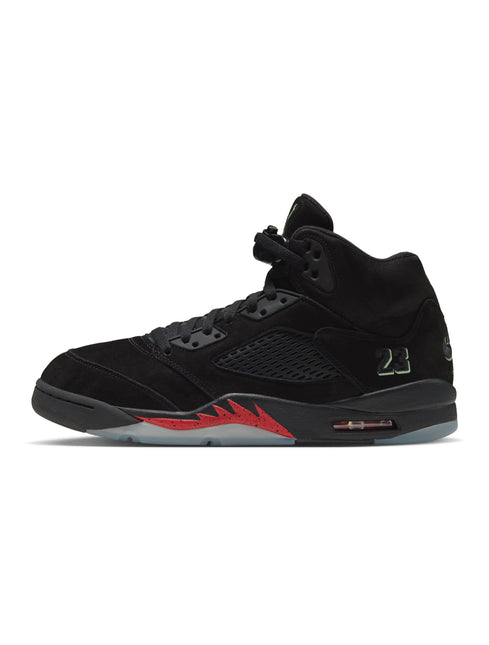 Air Jordan 5 Retro Halloween sneaker in black suede with red shark-tooth midsole accents and lime green 23 detail.