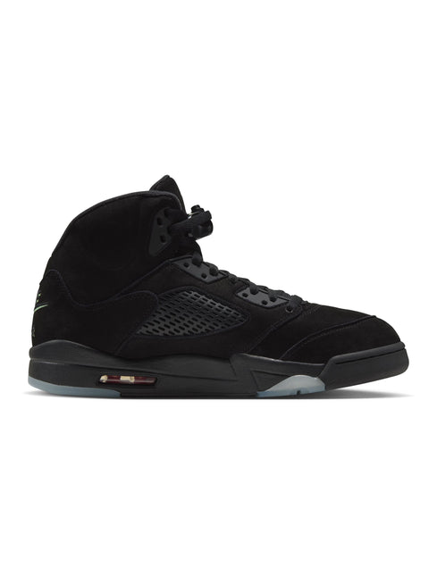 Air Jordan 5 Retro Halloween men's high-top sneaker in black suede with a translucent sole and subtle green accents.