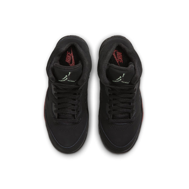 Top-down view of Air Jordan 5 Retro PS Halloween sneakers in matte black nubuck with glow-in-the-dark Jumpman logos.