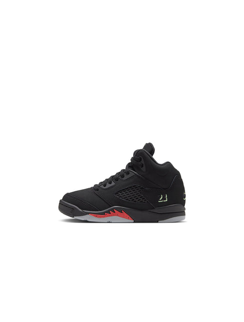 Air Jordan 5 Retro PS Halloween preschool sneaker in black nubuck with a lime green 23 detail and red speckled sole.