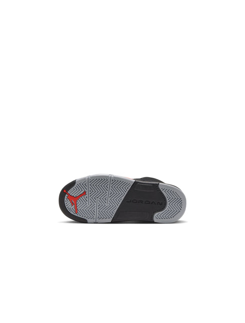 Bottom view of Air Jordan 5 Retro preschool sneakers featuring a grey and black patterned rubber traction sole.