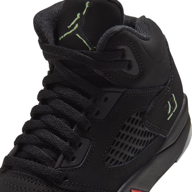 Air Jordan 5 Retro Halloween preschool sneaker in black matte material with glowing green Jumpman and 23 detailing.
