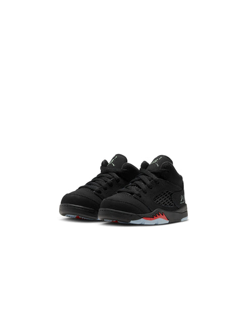 Air Jordan 5 Retro toddler sneakers in black suede with red shark-tooth detailing and translucent icy outsoles.