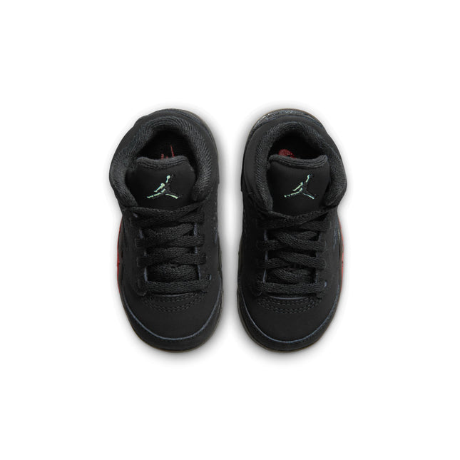 Air Jordan 5 Retro Halloween toddler sneakers in black nubuck with vibrant green Jumpman logos on the tongues.