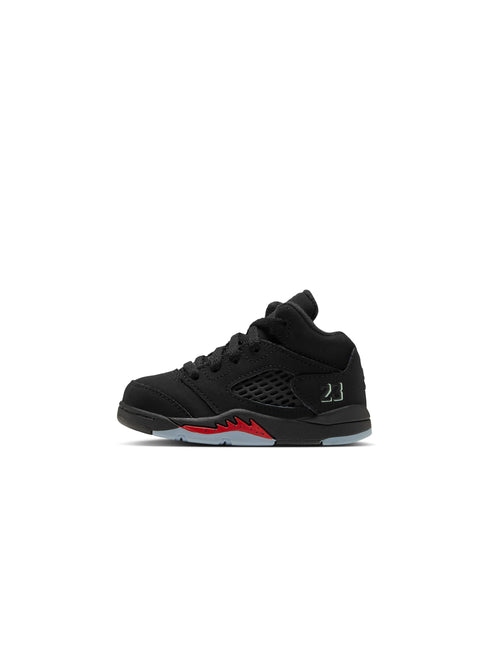 Toddler Air Jordan 5 Retro Halloween sneaker in black nubuck with a red flame midsole and glowing green 23 embroidery.
