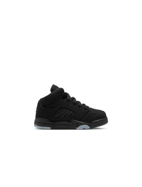 Toddler size Air Jordan 5 Retro Halloween sneaker featuring a black nubuck suede upper and a translucent blue outsole.