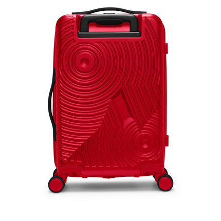 Nike carry-on luggage in university red featuring a hardshell textured finish with black accents and rolling wheels.