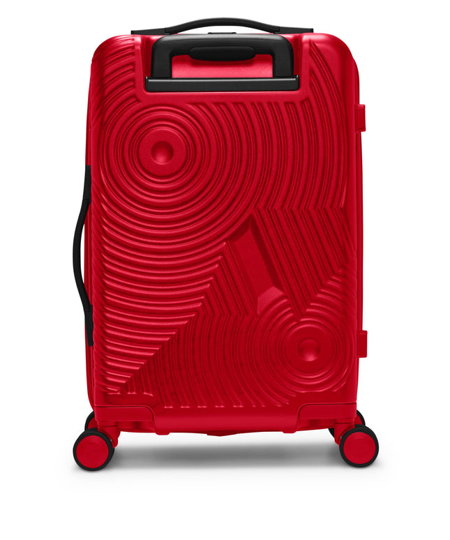 Nike carry-on luggage in university red featuring a hardshell textured finish with black accents and rolling wheels.