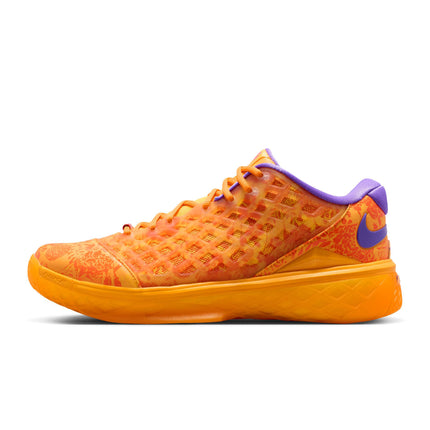 Nike Kobe Protro 3 basketball sneaker in safety orange and sundial floral print with a purple swoosh and inner lining.