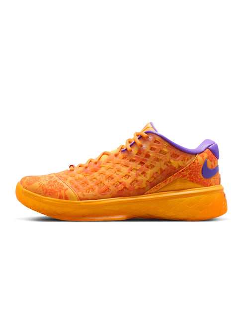 Nike Kobe Protro 3 basketball sneaker in safety orange and sundial floral print with a purple swoosh and inner lining.