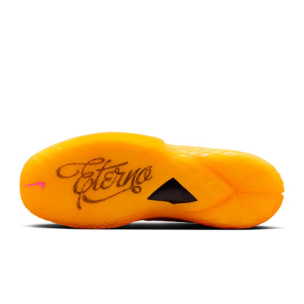 Outsole view of the Nike Kobe Protro 3 in safety orange with a translucent finish and the word Eterno script embossed.
