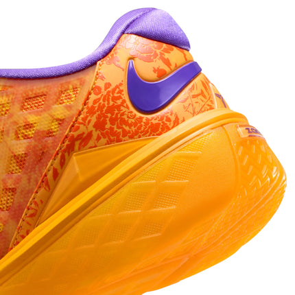 Close-up of the heel area of a Nike Kobe Protro 3 sneaker in safety orange and picante red with a purple swoosh.