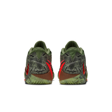 Back view of Nike Ja 4 Halloween sneakers in oil green featuring textured fabric uppers and bright orange Swooshes.