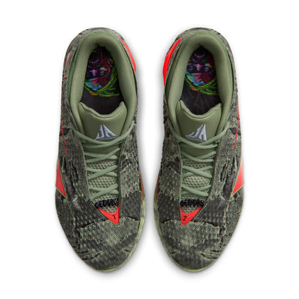 Nike Ja 4 Halloween sneakers in oil green textured knit with bright crimson accents and illustrated patterned insoles.