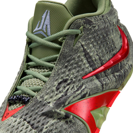 Nike Ja 4 Halloween basketball shoe in oil green textured knit with a metallic bright crimson swoosh and accents.