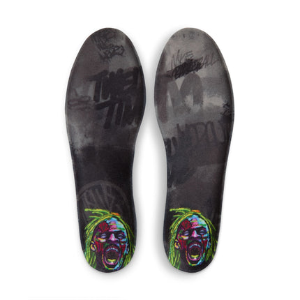 Pair of black Nike Ja 4 Halloween sneaker insoles featuring stylized neon green and crimson portraits at the heels.