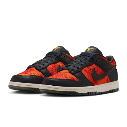 Nike Dunk Low Protro sneakers in black leather and vibrant orange textured fabric with yellow Kobe logos on tongues.