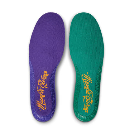 Nike Dunk Low Protro replacement insoles with a purple and green finish and yellow Mamba Eterno script lettering.