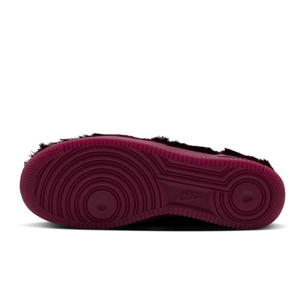 Bottom view of a Team Red Nike Air Force 1 sneaker featuring a deep burgundy rubber outsole and fuzzy textured upper.