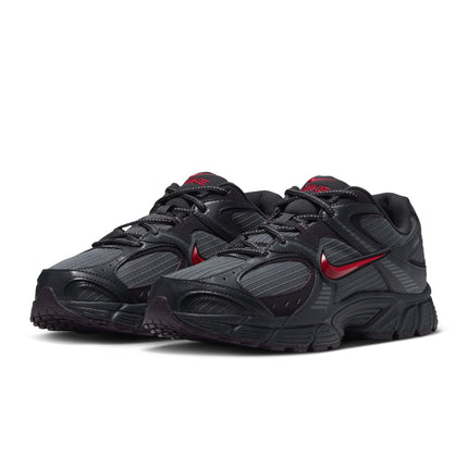 Nike V5 RNR running shoes in iron grey and dark smoke grey with tough red swoosh accents on a ripstop upper.