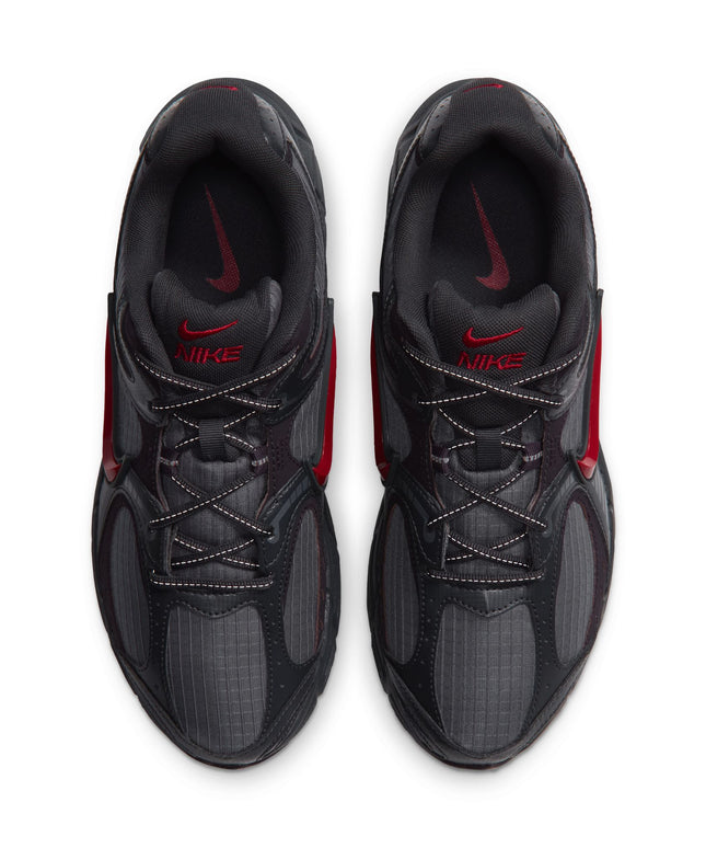 Top view of black and iron grey Nike V5 RNR sneakers featuring a durable ripstop texture and tough red logo accents.