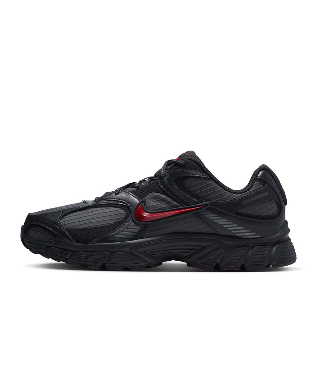 Nike V5 RNR running shoe in iron grey ripstop with a metallic tough red swoosh and a solid black rubber outsole.