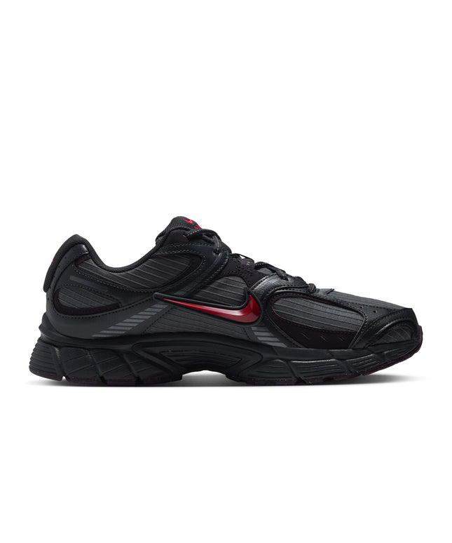 Nike V5 RNR running shoe in iron grey ripstop with a striking metallic tough red swoosh on a black rubber sole.