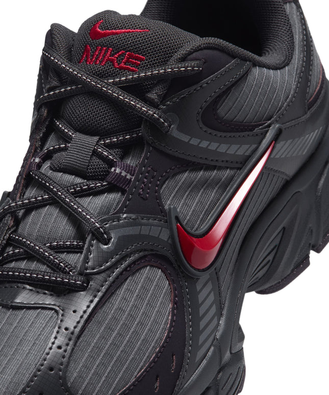 Nike V5 RNR sneaker in iron grey ripstop mesh with metallic tough red swoosh logo and dark smoke grey overlays.