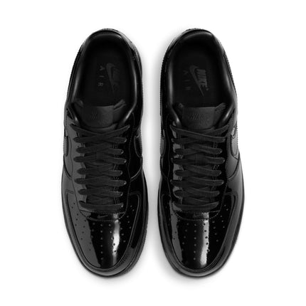 Top-down view of Nike Air Force 1 '07 sneakers featuring a shiny all-black patent leather finish and black laces.