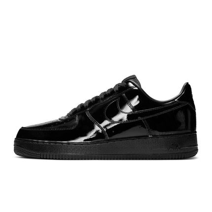 Nike Air Force 1 '07 men's sneaker in all black with a shiny patent leather finish, shown from a side profile view.