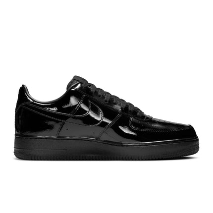 Nike Air Force 1 '07 men's low-top sneaker in triple black with a glossy patent leather finish on the side profile.
