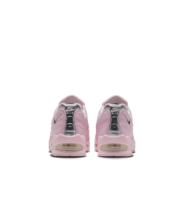 Rear view of Nike Womens Air Max 95 Big Bubble Chrome in pink foam featuring metallic silver accents and heel air units.