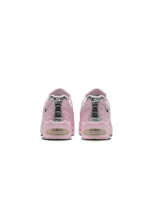 Rear view of Nike Womens Air Max 95 Big Bubble Chrome in pink foam featuring metallic silver accents and heel air units.