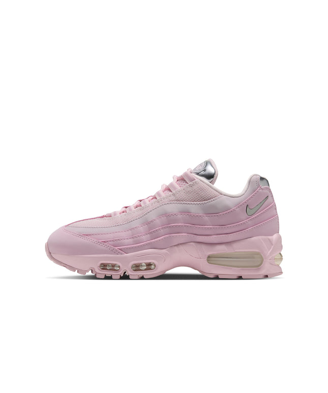 Nike Womens Air Max 95 sneaker in monochromatic pink foam featuring metallic silver accents and visible air units.