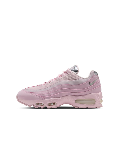 Nike Womens Air Max 95 sneaker in monochromatic pink foam featuring metallic silver accents and visible air units.