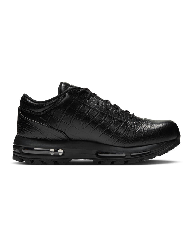 Nike Air Max Goadome Low sneaker in matte black featuring a textured crocodile skin pattern on a low-top silhouette.